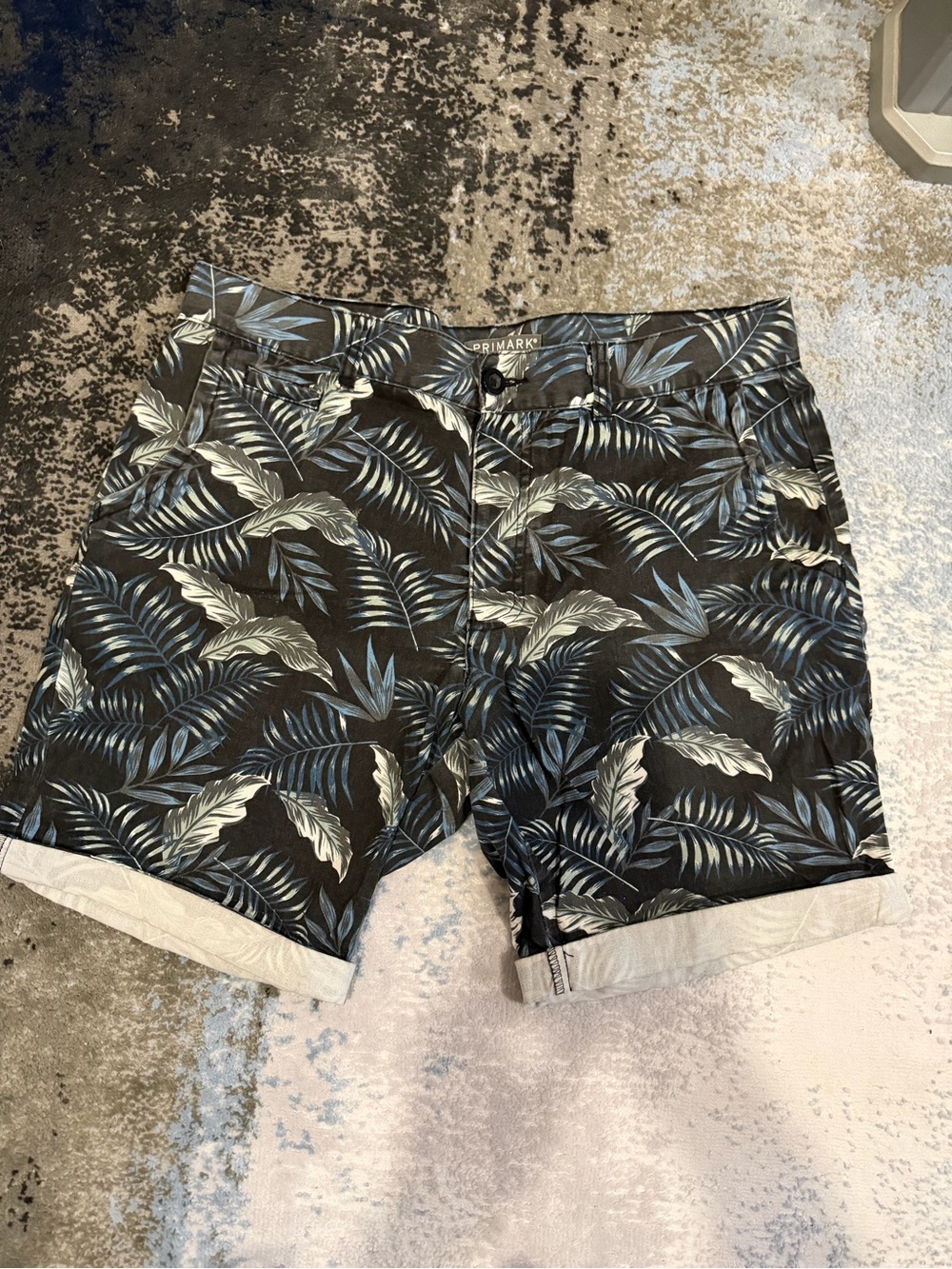 Primark Black Tropical Leaf Print Shorts with Blue Accents